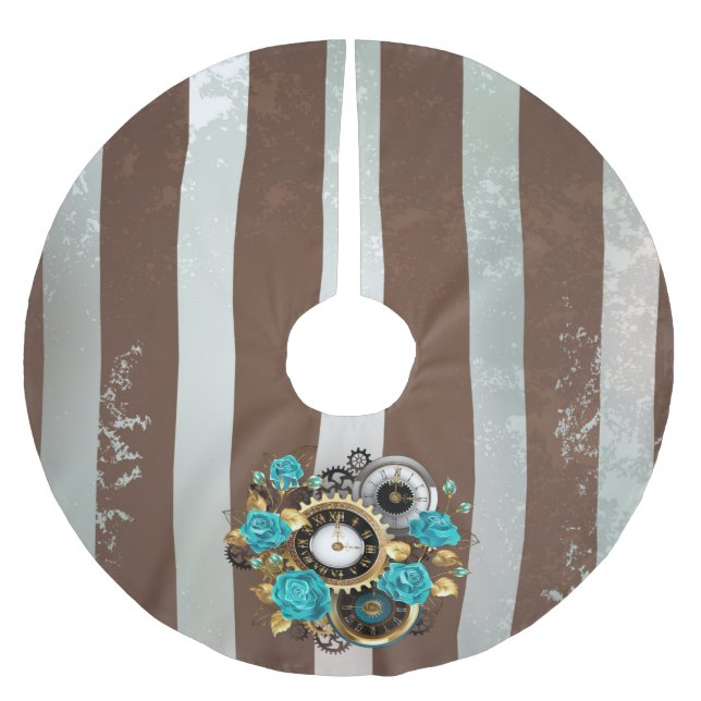 Steampunkuhr und türkisfarbene Rose auf Streifen Polyester Weihnachtsbaumdecke (Vorderseite)