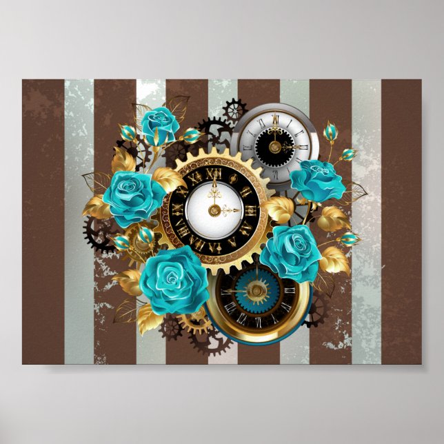 Steampunkuhr und türkisfarbene Rose auf Streifen Poster (Vorne)