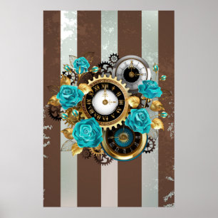 Steampunkuhr und türkisfarbene Rose auf Streifen Poster