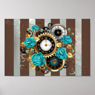 Steampunkuhr und türkisfarbene Rose auf Streifen Poster