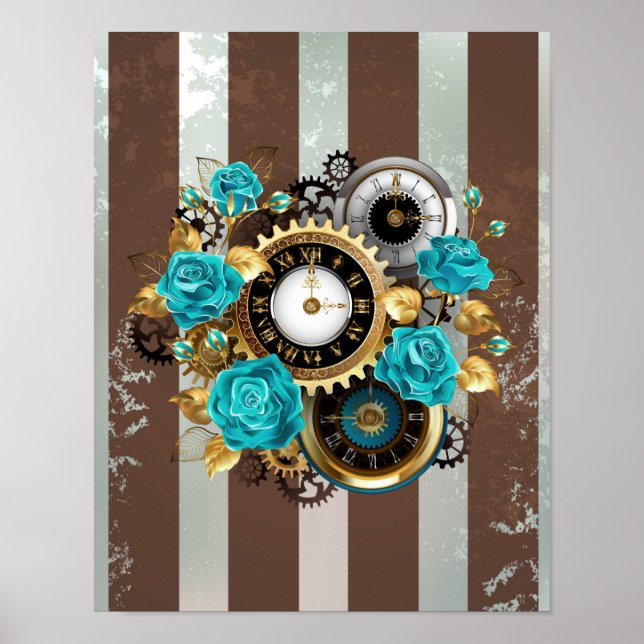 Steampunkuhr und türkisfarbene Rose auf Streifen Poster (Vorne)