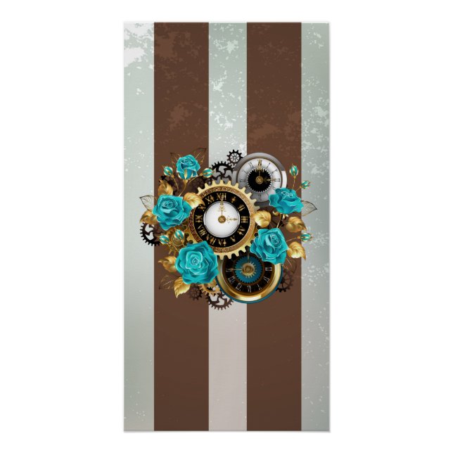 Steampunkuhr und türkisfarbene Rose auf Streifen Poster (Vorderseite)