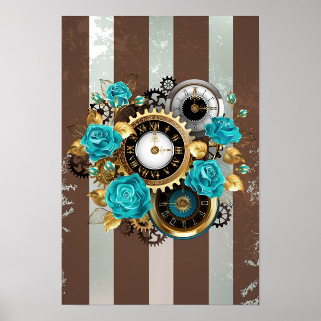 Steampunkuhr und türkisfarbene Rose auf Streifen Poster (Vorne)