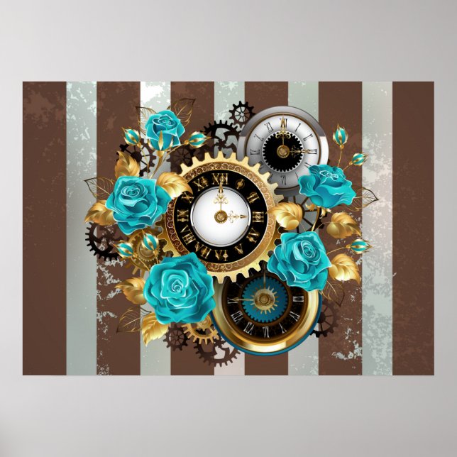 Steampunkuhr und türkisfarbene Rose auf Streifen Poster (Vorne)