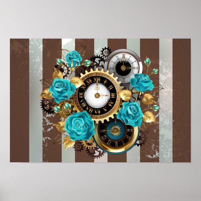 Steampunkuhr und türkisfarbene Rose auf Streifen Poster (Vorne)