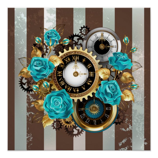 Steampunkuhr und türkisfarbene Rose auf Streifen Poster (Vorderseite)