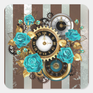 Steampunkuhr und türkisfarbene Rose auf Streifen Quadratischer Aufkleber