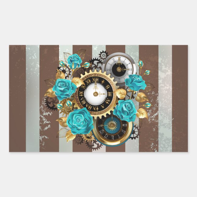 Steampunkuhr und türkisfarbene Rose auf Streifen Rechteckiger Aufkleber (Vorderseite)