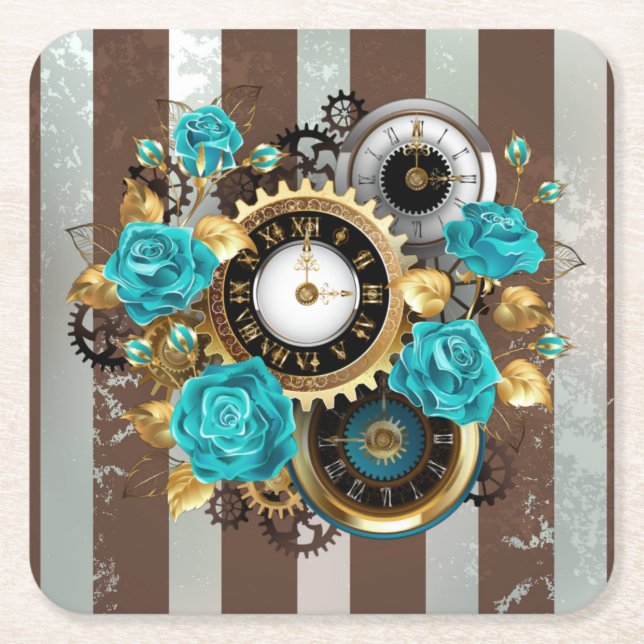 Steampunkuhr und türkisfarbene Rose auf Streifen Rechteckiger Pappuntersetzer (Vorderseite)