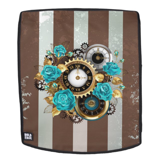 Steampunkuhr und türkisfarbene Rose auf Streifen Rucksack (Abnehmbare Front)