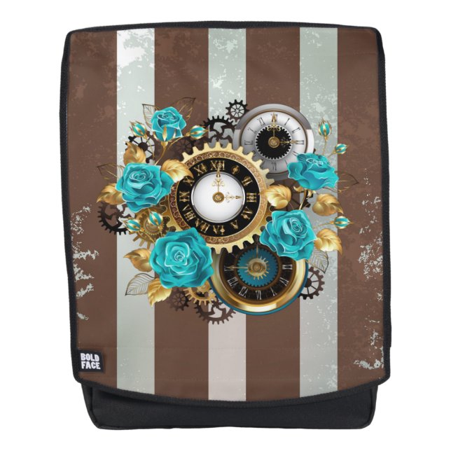 Steampunkuhr und türkisfarbene Rose auf Streifen Rucksack (Vorderseite)