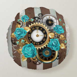 Steampunkuhr und türkisfarbene Rose auf Streifen Rundes Kissen