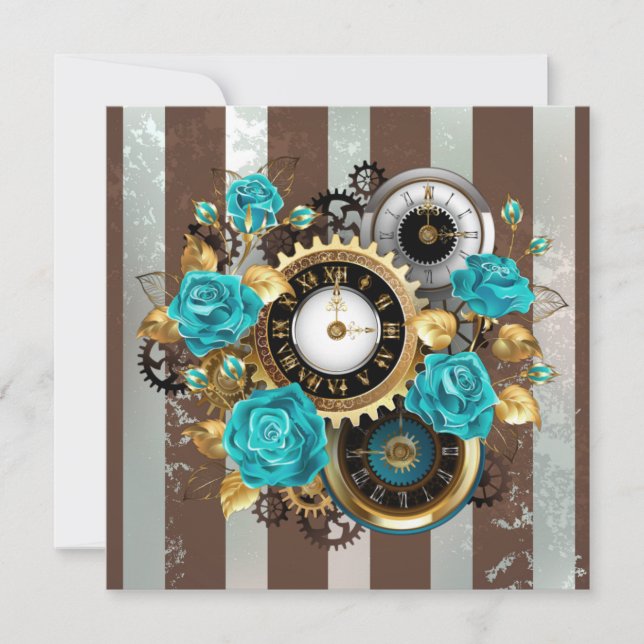 Steampunkuhr und türkisfarbene Rose auf Streifen Save The Date (Vorderseite)