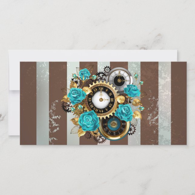 Steampunkuhr und türkisfarbene Rose auf Streifen Save The Date (Vorderseite)