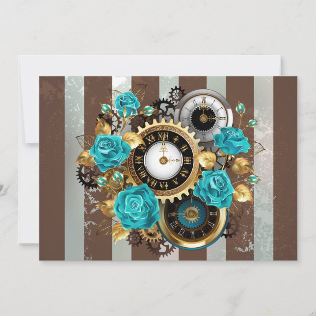 Steampunkuhr und türkisfarbene Rose auf Streifen Save The Date (Vorderseite)