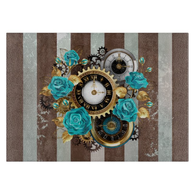 Steampunkuhr und türkisfarbene Rose auf Streifen Schneidebrett (Vorderseite)