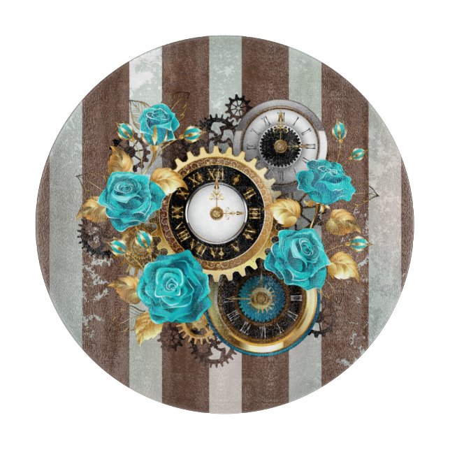 Steampunkuhr und türkisfarbene Rose auf Streifen Schneidebrett (Vorderseite)