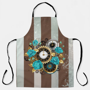 Steampunkuhr und türkisfarbene Rose auf Streifen Schürze