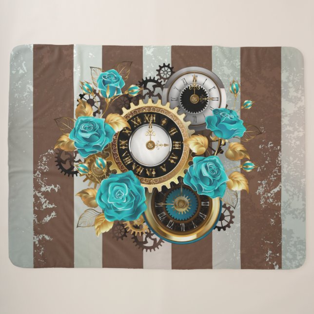 Steampunkuhr und türkisfarbene Rose auf Streifen Sherpadecke (Vorderseite (Horizontal))