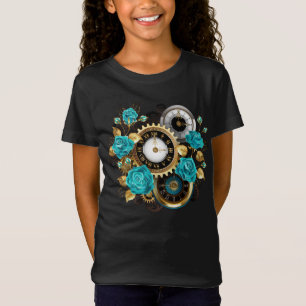 Steampunkuhr und türkisfarbene Rose auf Streifen T-Shirt
