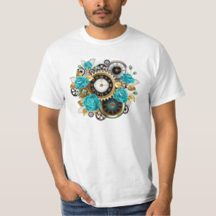 Steampunkuhr und türkisfarbene Rose auf Streifen T-Shirt