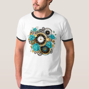 Steampunkuhr und türkisfarbene Rose auf Streifen T-Shirt