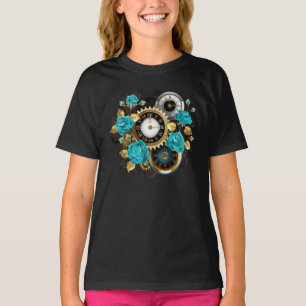 Steampunkuhr und türkisfarbene Rose auf Streifen T-Shirt