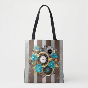 Steampunkuhr und türkisfarbene Rose auf Streifen Tasche
