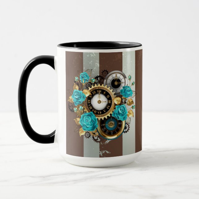 Steampunkuhr und türkisfarbene Rose auf Streifen Tasse (Links)