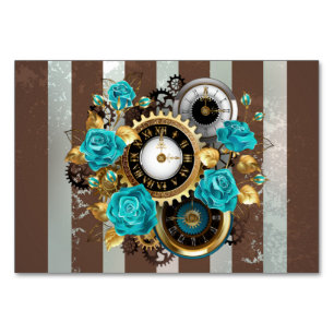 Steampunkuhr und türkisfarbene Rose auf Streifen Tischnummer