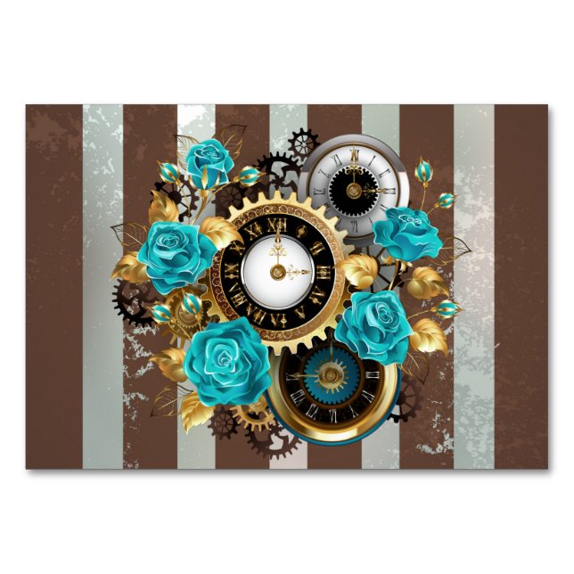 Steampunkuhr und türkisfarbene Rose auf Streifen Tischnummer (Vorderseite)