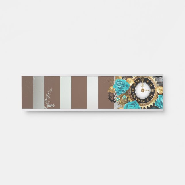 Steampunkuhr und türkisfarbene Rose auf Streifen Türschild (Vorderseite )
