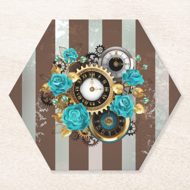 Steampunkuhr und türkisfarbene Rose auf Streifen Untersetzer (Vorderseite)
