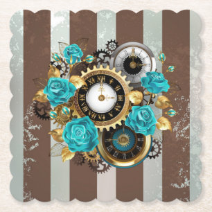 Steampunkuhr und türkisfarbene Rose auf Streifen Untersetzer