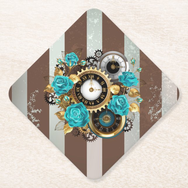 Steampunkuhr und türkisfarbene Rose auf Streifen Untersetzer (Vorderseite)