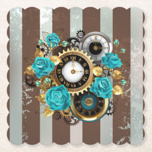 Steampunkuhr und türkisfarbene Rose auf Streifen Untersetzer