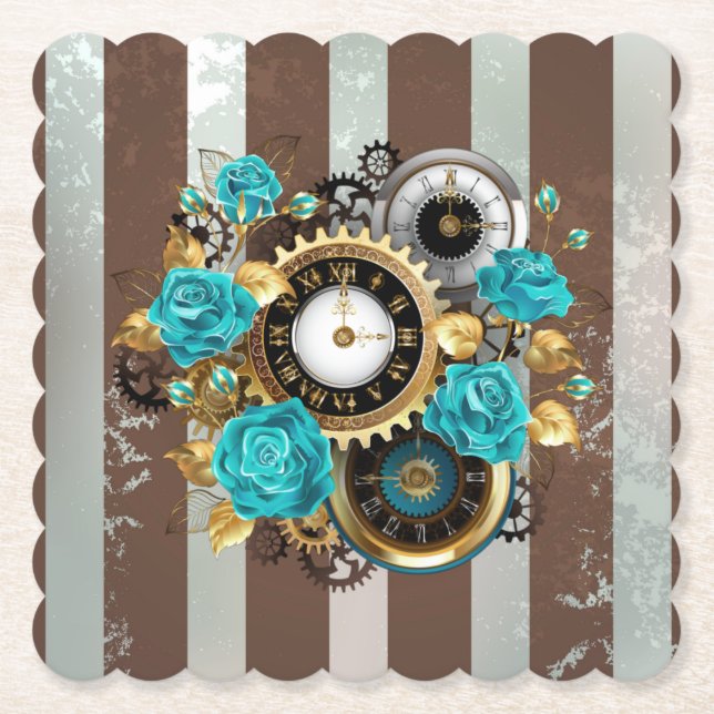 Steampunkuhr und türkisfarbene Rose auf Streifen Untersetzer (Vorderseite)