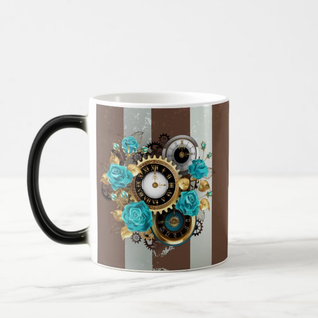 Steampunkuhr und türkisfarbene Rose auf Streifen Verwandlungstasse (Links)