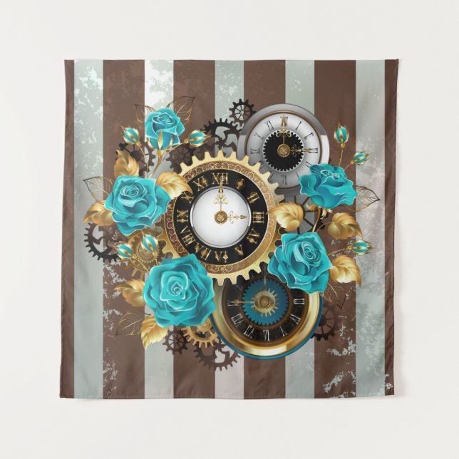 Steampunkuhr und türkisfarbene Rose auf Streifen Wandteppich (Vorderseite (Horizontal))