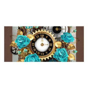 Steampunkuhr und türkisfarbene Rose auf Streifen Werbekarte