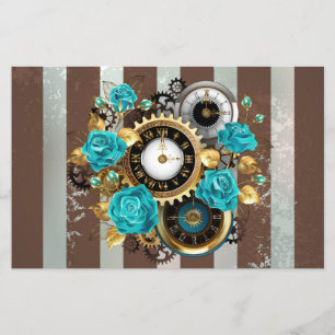 Steampunkuhr und Türkisrosen auf gestreiftem Hinte Flyer