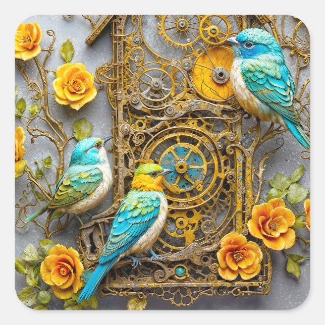 Steampunkvögel mit goldenen Rose Quadratischer Aufkleber (Vorderseite)