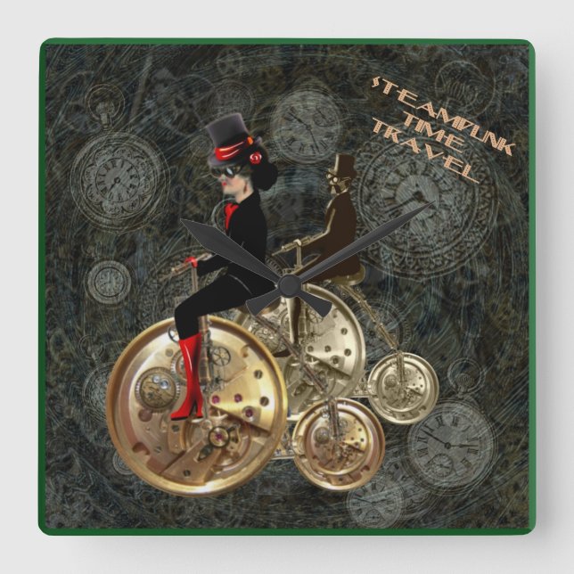 Steampunkzeit, Uhrwerk Penny Farthing Quadratische Wanduhr (Vorderseite)