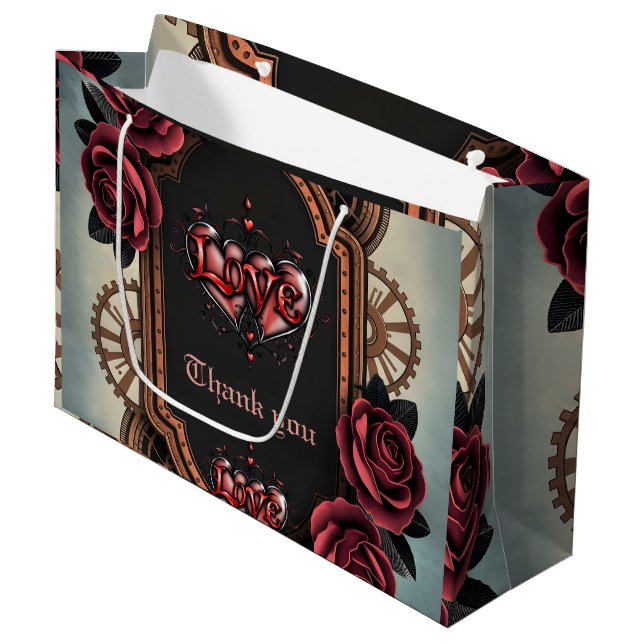Steamrahmen mit Rote Rosen und Gängen Große Geschenktüte (Vorderseite Schrägansicht)