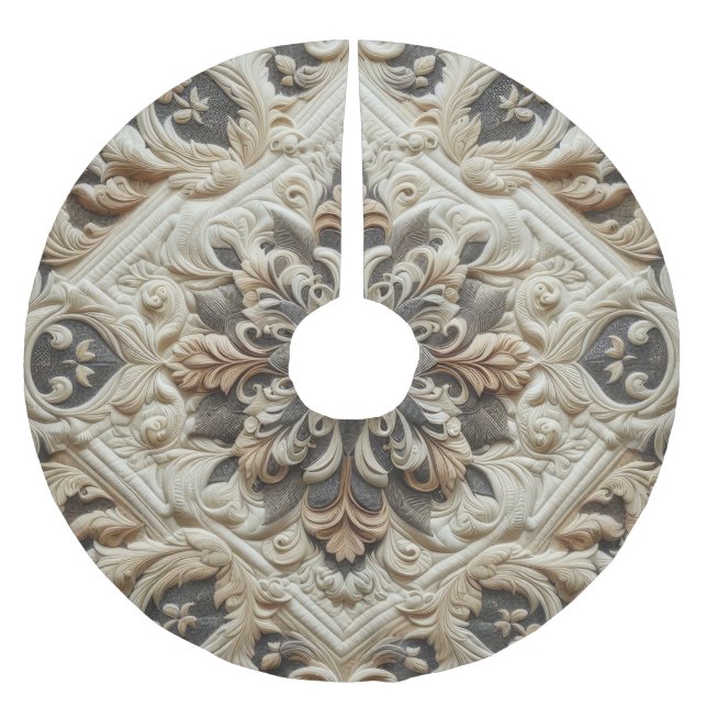 Stechcreme Grau Verziert Arabesque Polyester Weihnachtsbaumdecke (Vorderseite)