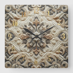Stechcreme Grau Verziert Arabesque Quadratische Wanduhr