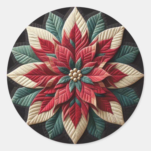 Stechmuster Poinsettia Rot Grün Schwarz Runder Aufkleber (Vorderseite)
