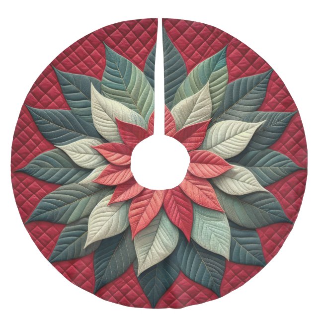 Stechmuster Poinsettia Rot Polyester Weihnachtsbaumdecke (Vorderseite)