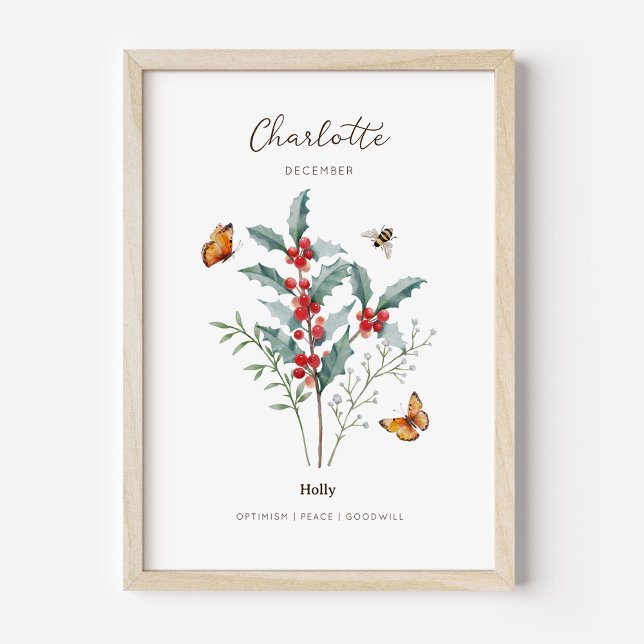 Stechpalme Geburtsmonats-Blumenposter Poster (Example of holly birth flower poster once framed. )