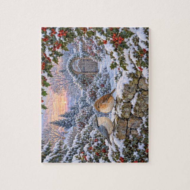 Stechpalme im Schnee Wintervögel-Puzzle (Vertikal)
